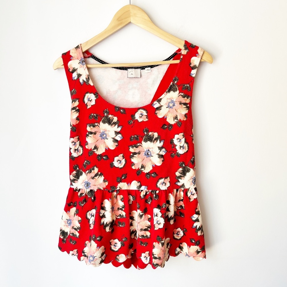 Anthropologie Postmark Peplum Top Red Floral‎ Scalloped Hem Back Cutout Large
